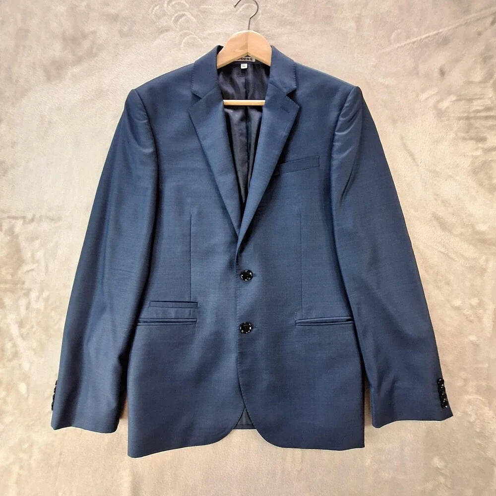 Express Photographer Suit Jacket Mens 38 Blue Solid Single Vent 2 Button Fitted